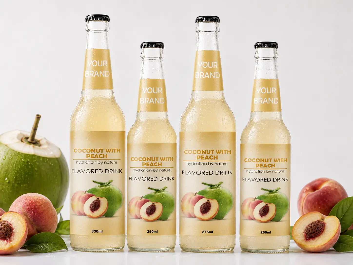 COCONUT FLAVORED DRINK peach flavour shown in 330ml, 250ml, 275ml, and 200ml bottles.